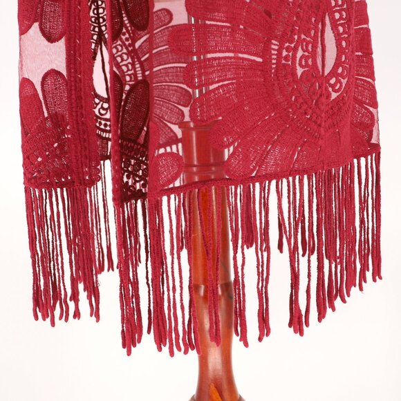 NWT CHICO'S Lace Kimono Sheer Mesh Fringe Detail in Deep Cherry Red Size L/XL - Picture 6 of 10